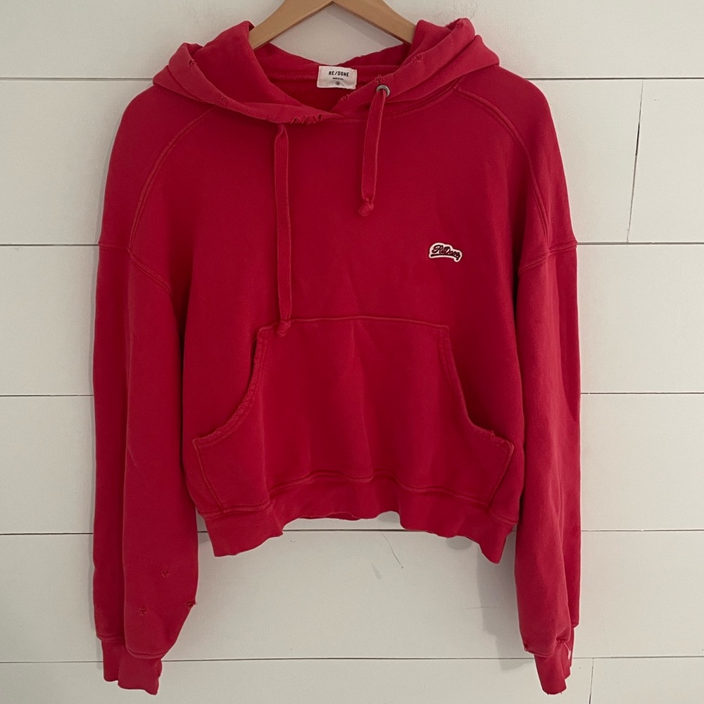 Re/Done Flame Red Destroyed Cropped Hoodie